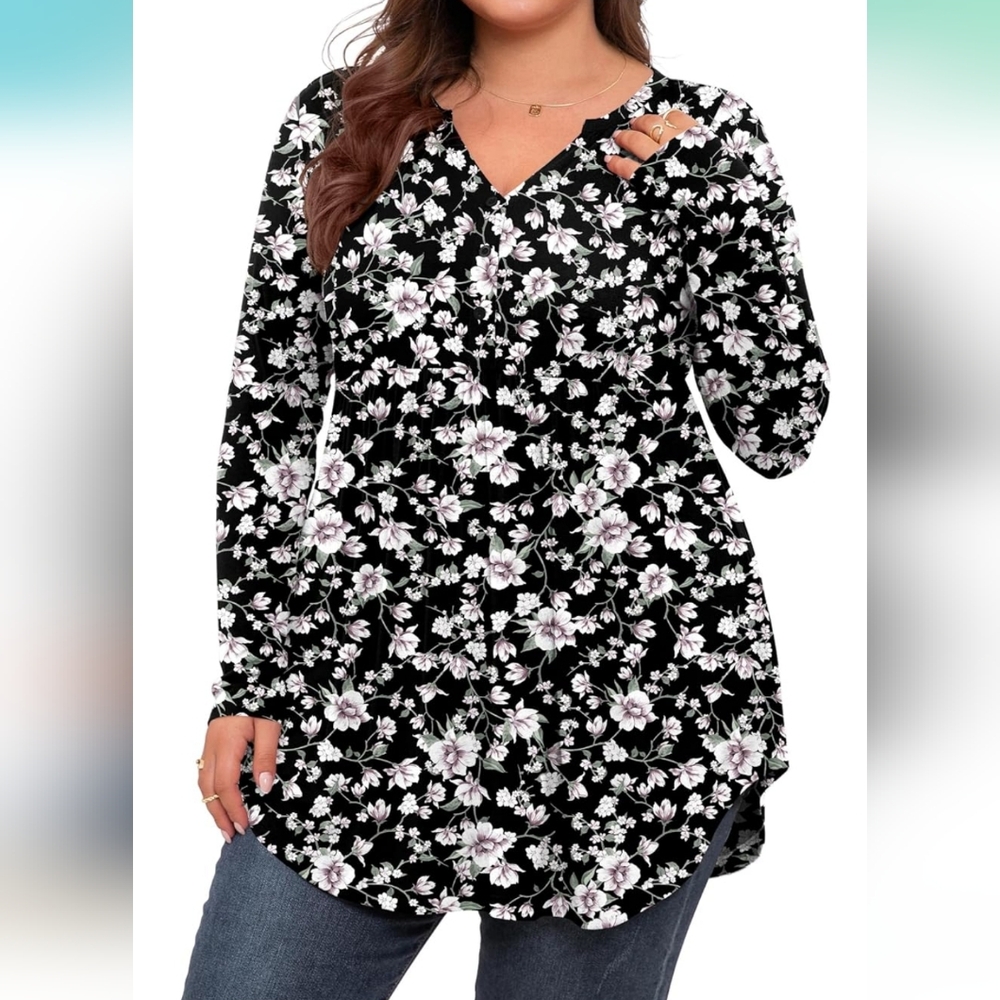 SHIJIALI PLUS SIZE Long Sleeve V-neck Tunic Top